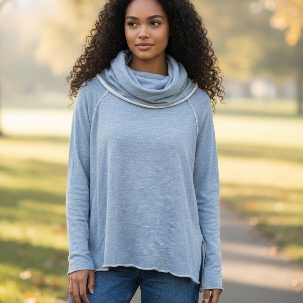 Free People Beach South Side Pullover Women XS Blue Cowl Neck Slub Knit Sweater
